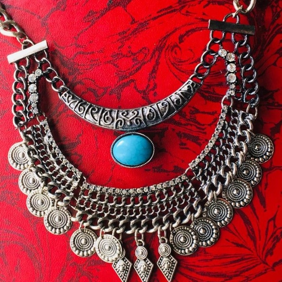 Silver Tone Boho Turquoise Dangle Necklace - Picture 2 of 8